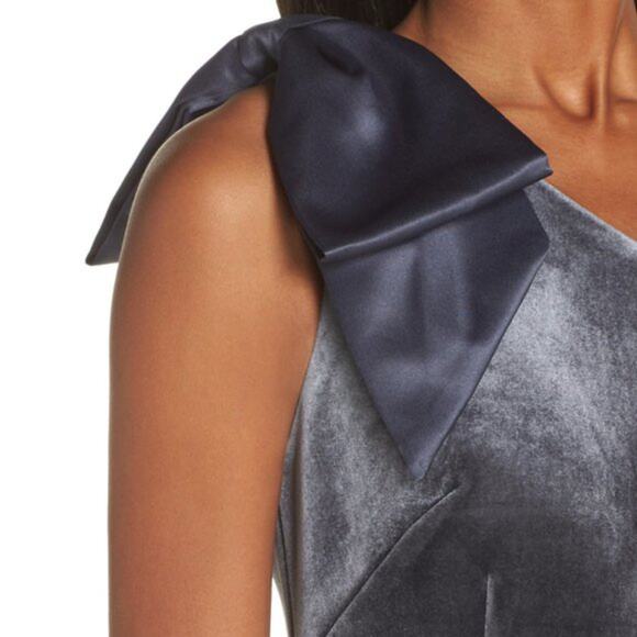 NWT ELIZA J Velvet One Shoulder Bow Accent Asymmetrical Gown Maxi Dress - Picture 3 of 11